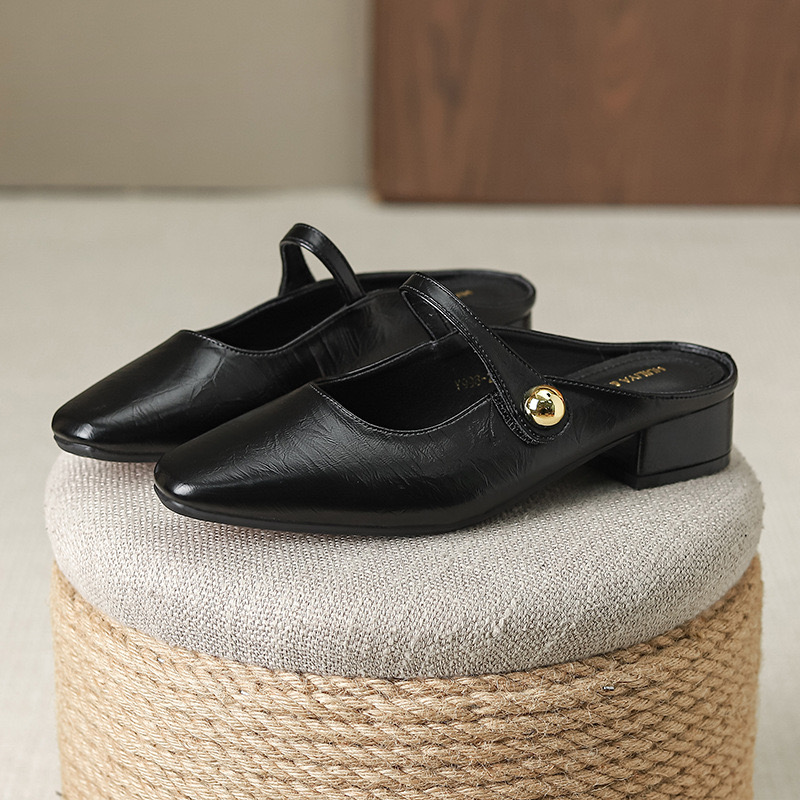 Leather Women Low Heel Slippers Fashion New Mule Shoes Pointed Toe Slides Patchwork Sandal Ladies atos Mujer ert5 9eae