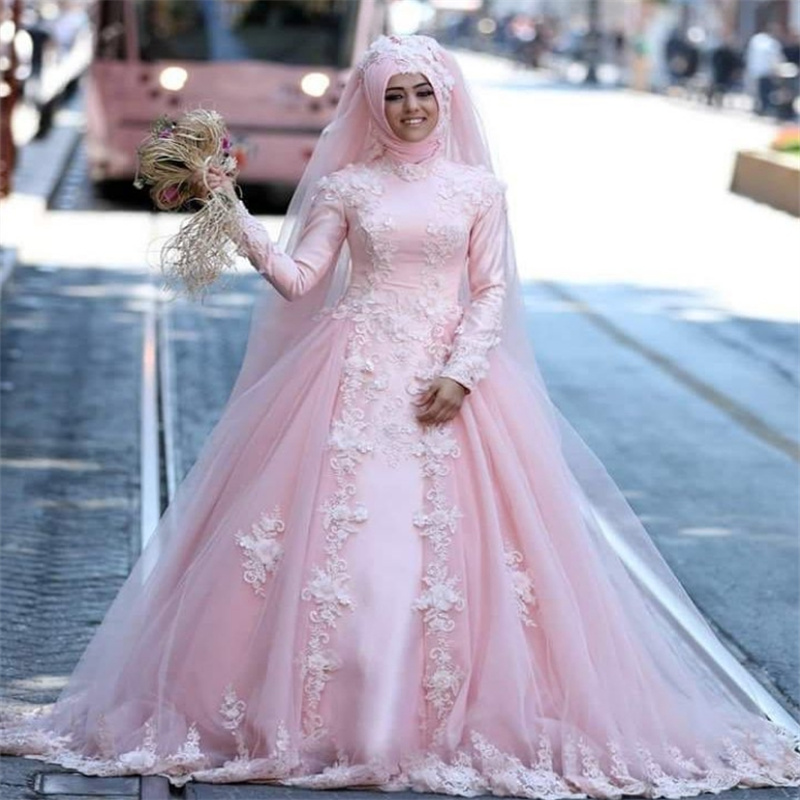 Luxurious Pink Muslim Wedding Dress Traditional A Line Florals Ingush Bride Dress Ensembles Civil Country Bridal Gown Gatsby Islamic Lace Robe De Mari