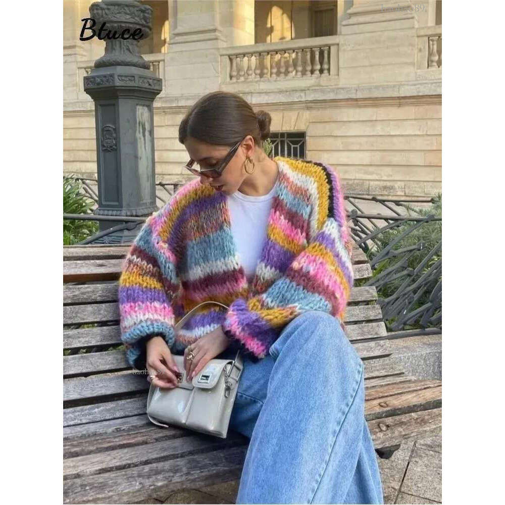 Women s Sweaters Crochet Knitted Striped Cardigans Autumn Lantern Sleeve Vintage Open Stitch Sweater Women Casual Loose Fashion Streetwear 230906