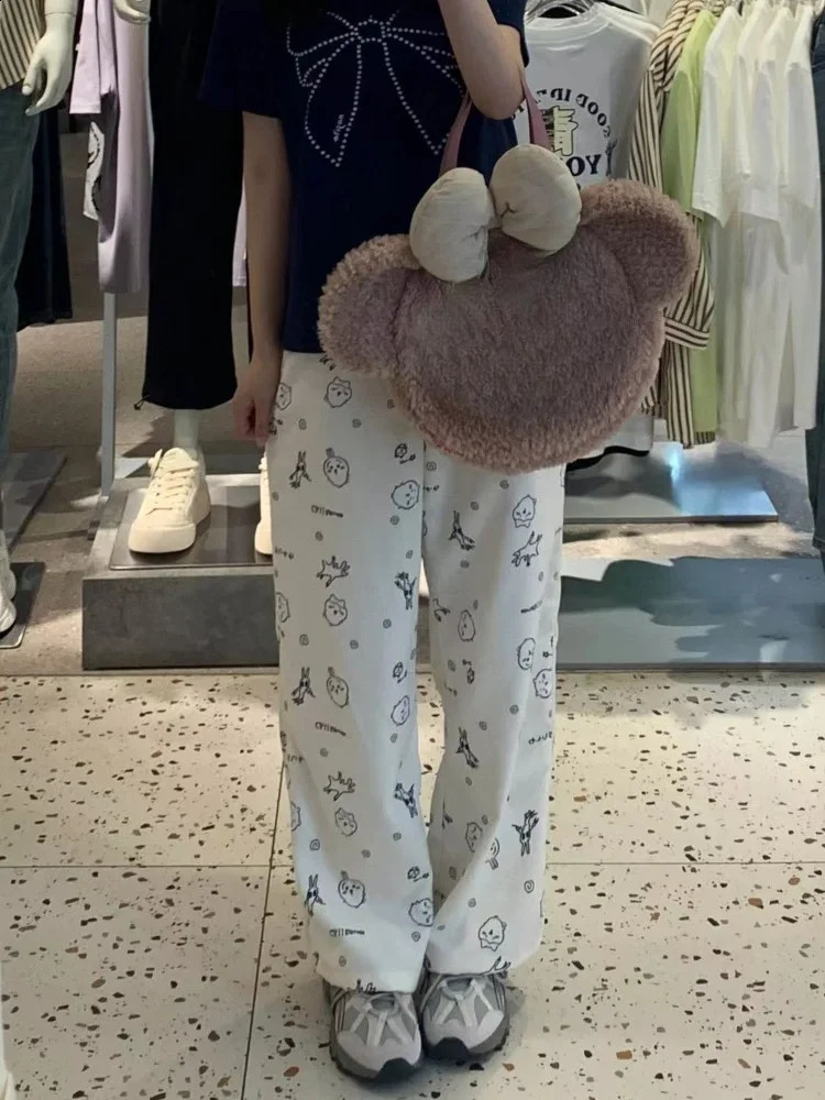 HOUZHOU Y2k Kawaii Sweet High Straight Pants Women Japanese Style Harajuku Cute Cartoon Print Loose Trousers Soft Girl 250102