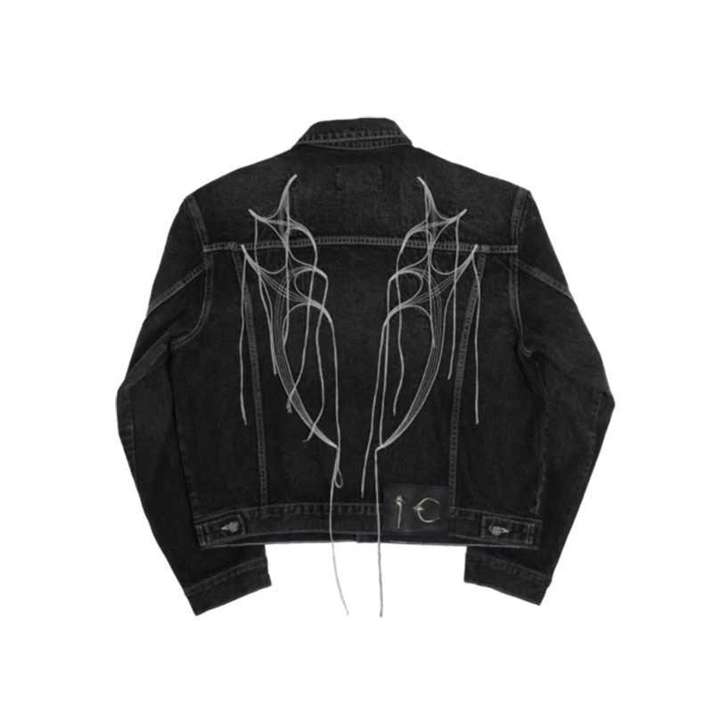 Harajuku Wing Embroidery String Tassel Black Jeans Jacket for Men and Women Lapel Washed Casual Bomber Denim Coat Oversized X250113
