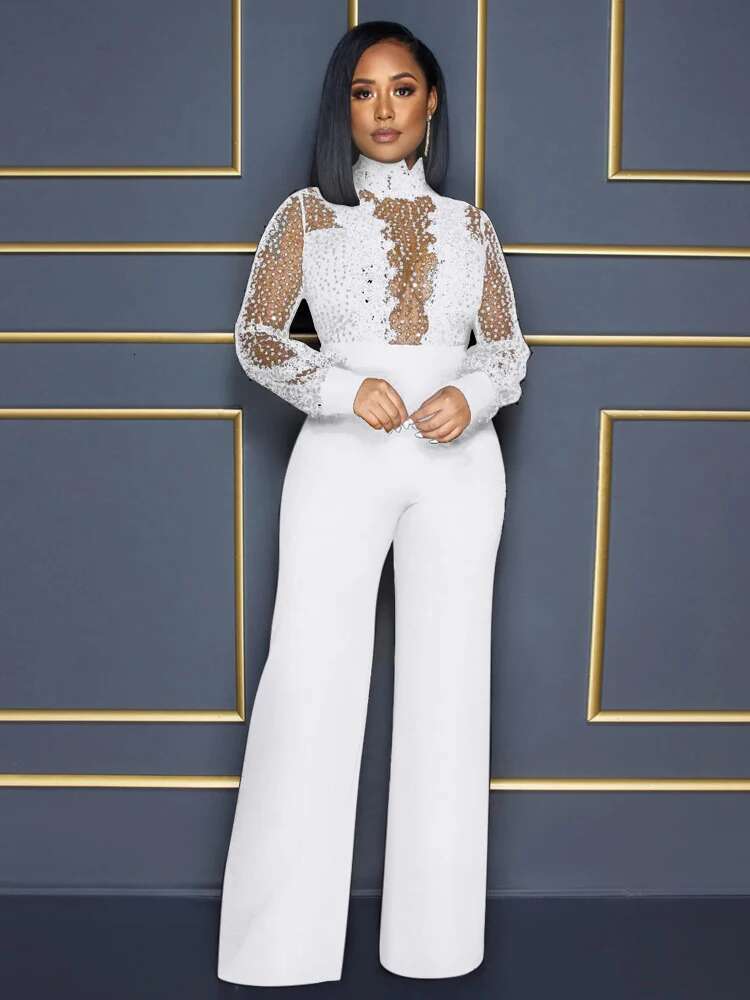 Idress Women Sequin Lace Jumpsuit Elegant Long Sleeve Wide Leg Pants Sexy See Through Evening Party Outfits Jumpsuits With Belt