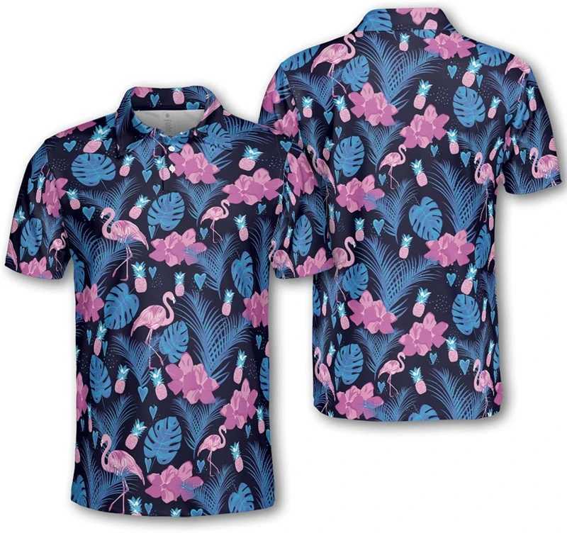 High Quality 3D printed flamingo polo shirt mens short sleeved golf shirt fashionable street polo shirt Hawaii beach new printed top and T-shirt T2501