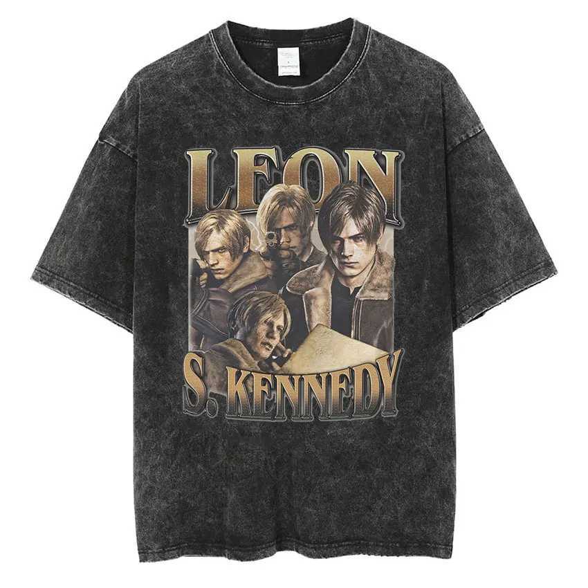 Vintage Washed Leon S Kennedy Resident Evil 4 T Shirt Mens Gothic Punk Short Sleeve T-Shirts Fashion Harajuku Oversized T-shirt X25011312