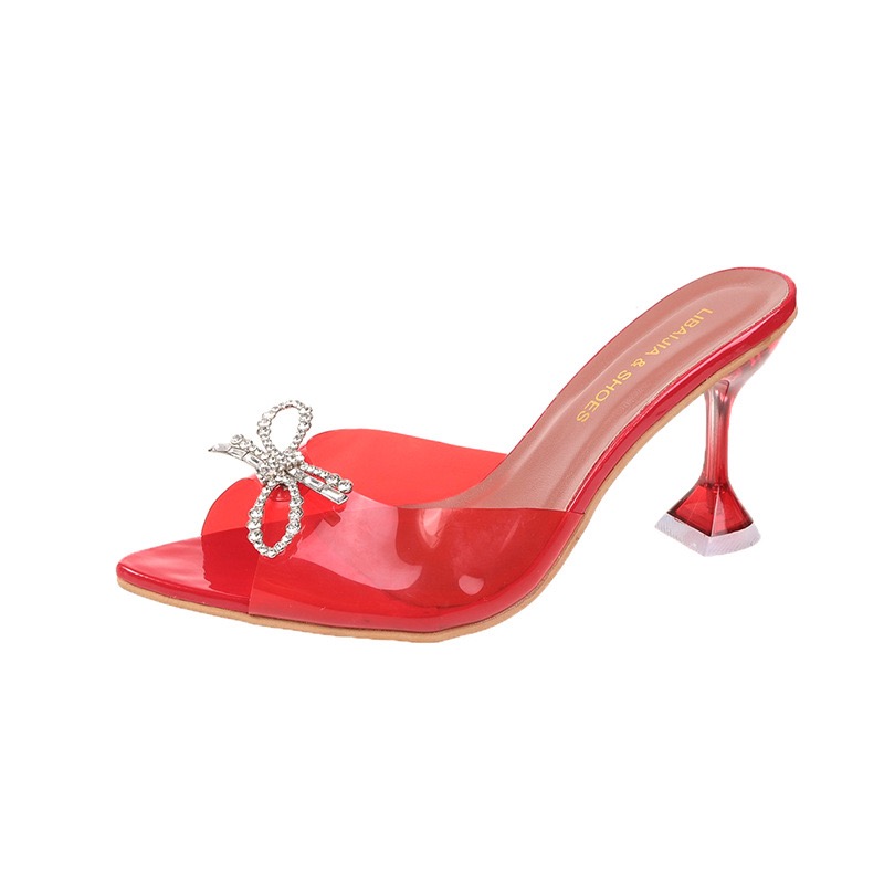 Sandals Women Transparent New High Heels Bow Rhie Buckle Sexy Crystal Heel Design Mules Slides Fashion Wedding Shoes