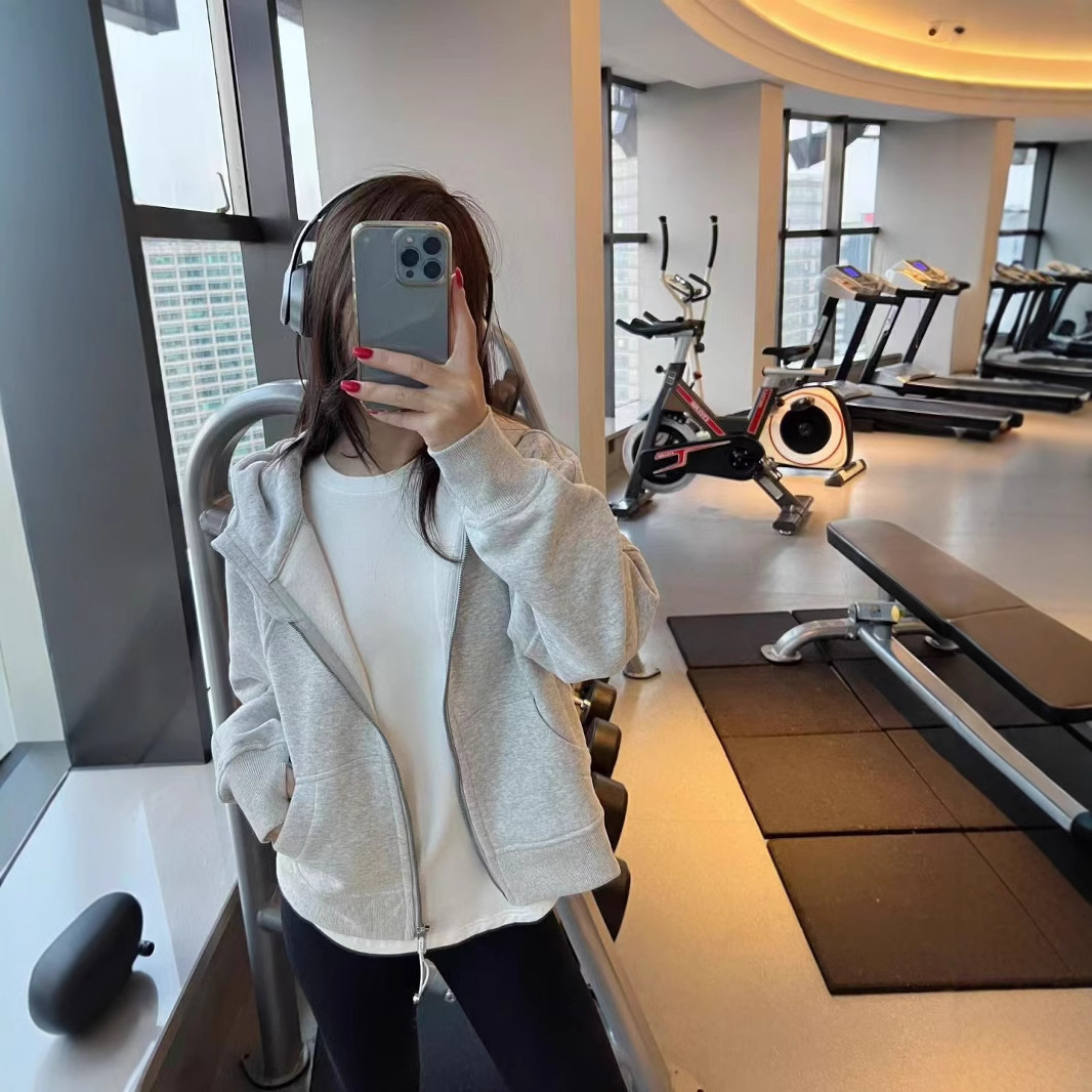 Designer women's 2025S yoga suit scuba fabric full zipper velvet hooded jacket loose casual sports top for women