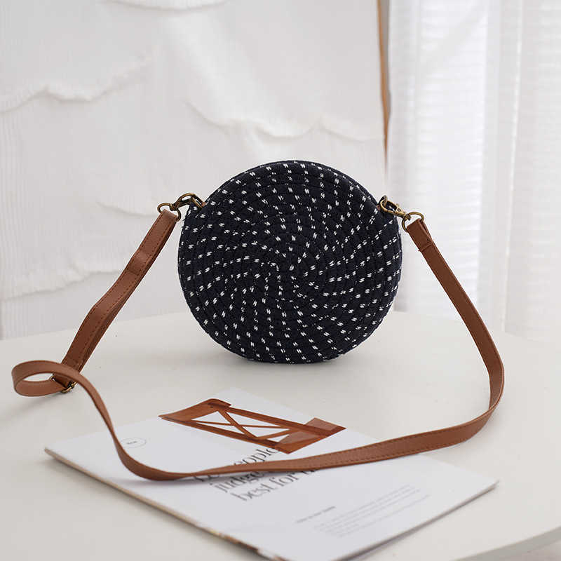 Round Women's Shoulder Bag Woven with Cotton Rope, Street Trendy and Versatile Round Straight 250113