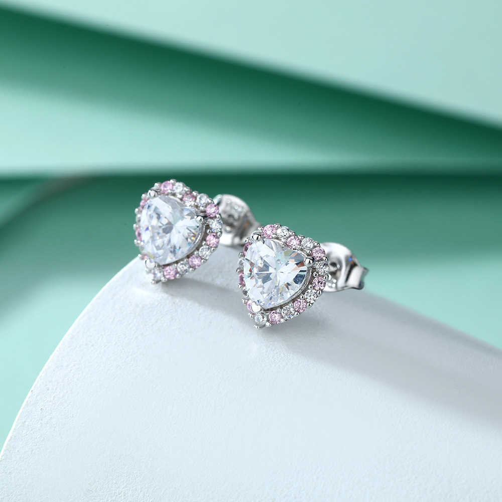 Fashion heart-shaped Zircon earrings Simple pink Zircon row diamond earrings S925 sterling silver love earrings