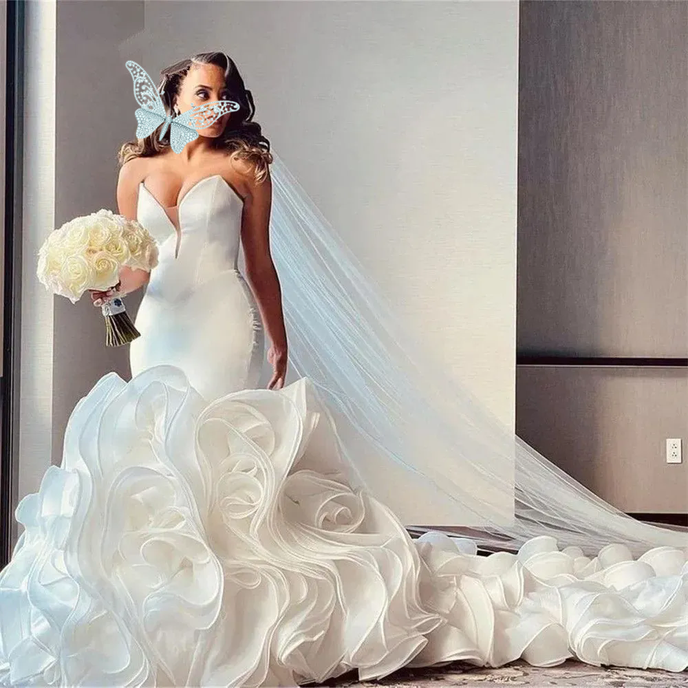 Arabic Aso Ebi White Mermaid Wedding Dresses Sweetheart Organza Ruffles Brides Gown Pearls Bridal Gowns Plus Size Brides for Women Robes De Mariee