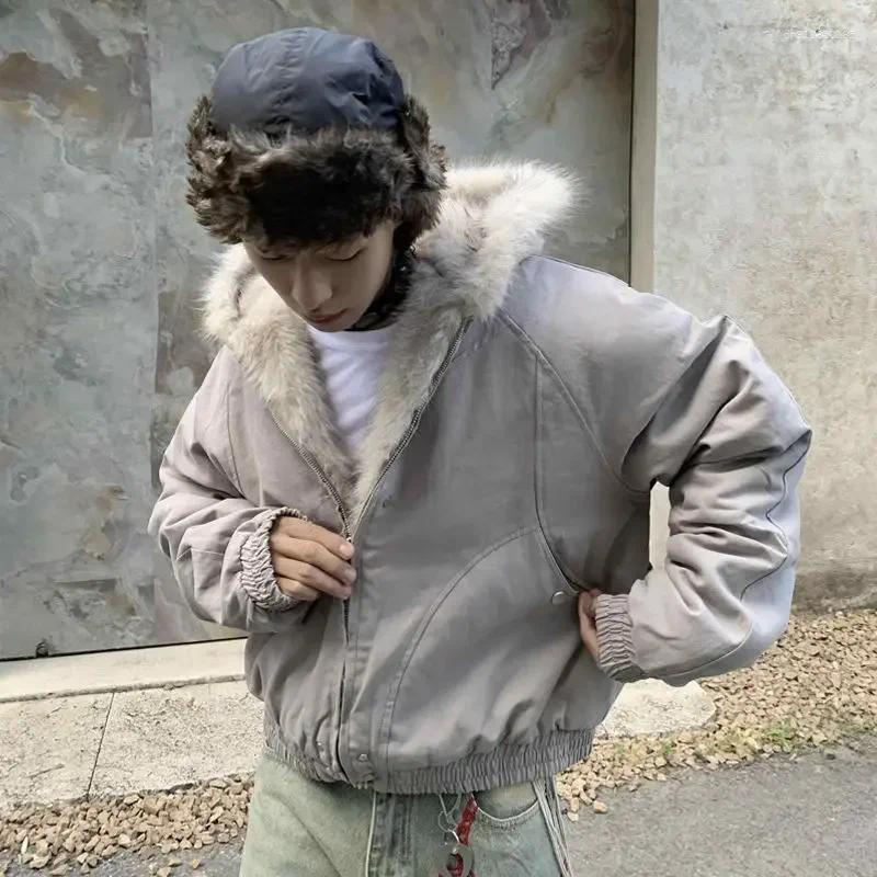 Men's Jackets American Fashion Woolen Collar Hooded Cotton Jacket Winter Thick Plush Top Men Street Hip-Hop Harajuku Oversize Coat