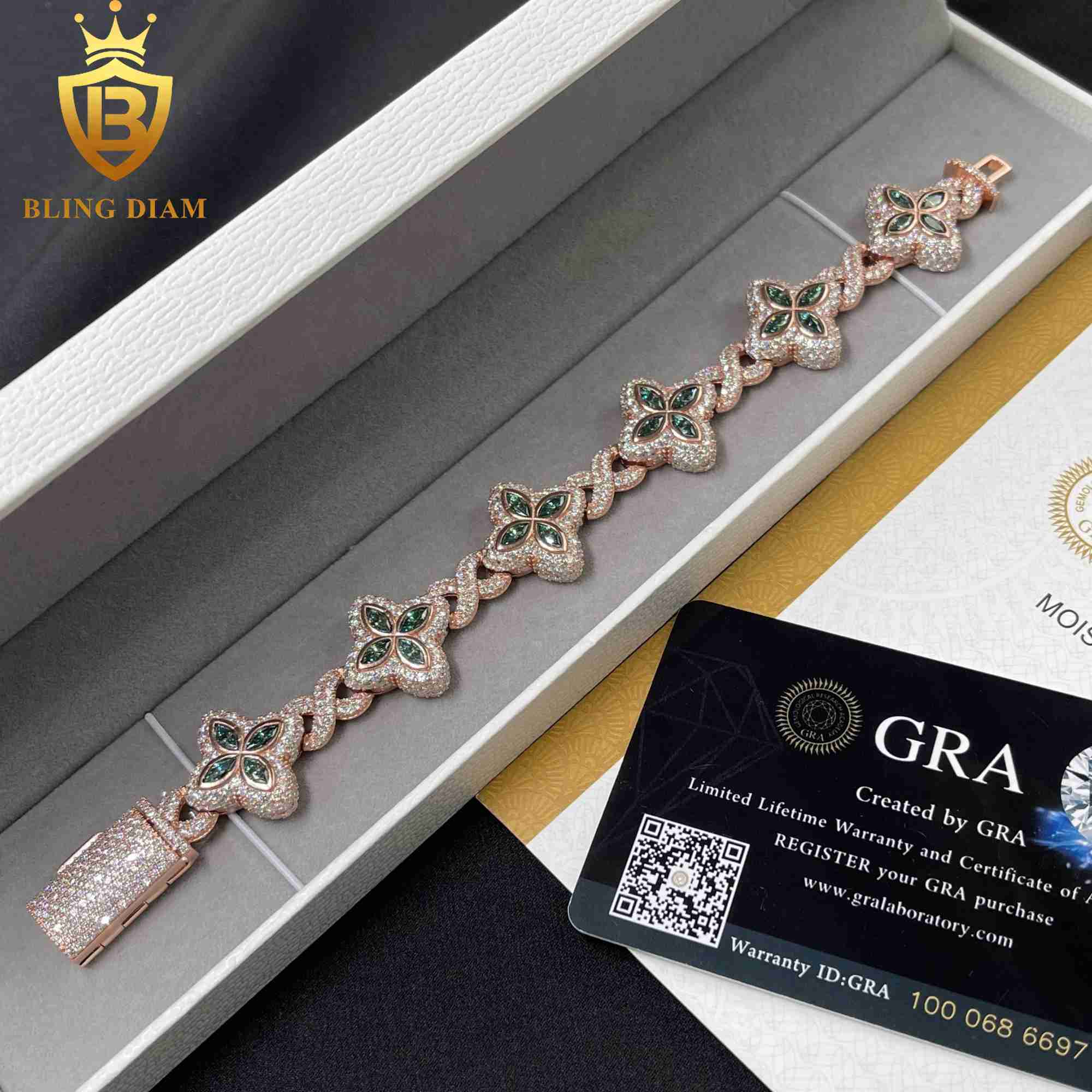 Hot Selling Design Hip Hop Jewelry Iced out Marquise Cuban Link Chain VVS Moissanite Four-Leaf Clover 18MM Bracelet
