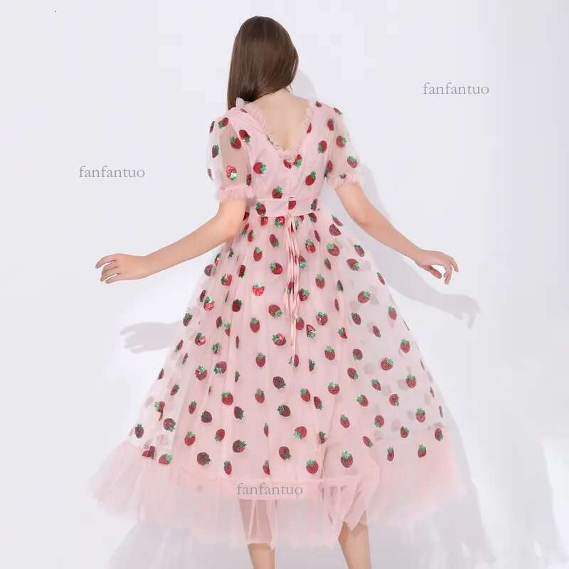 Sequins Strawberry Dress Women Elegant Long Dress V Neck Puff Sleeve Mesh Sexy Party Dresses Vintage Floral Dress Women Robe H1210