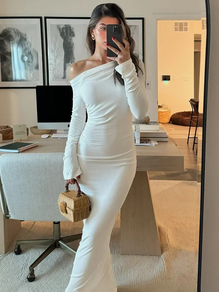 TARUXY White Skew Collar Long Sleeve Maxi Dress For Women Autumn Winter Bodycon Elegant Party Dress Female High Waist 250109