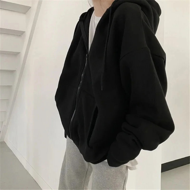 Oversize Women Hoodies Casual Solid Zip Up Hooded Sweatshirt Harajuku Korean Loose Couple Hoodie Jacket Coat Streetwear 250113
