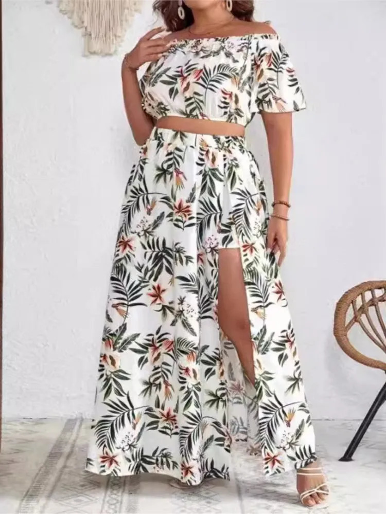 Plus Size Summer 2 Two Piece Set Women Off Shoulder Sexy Ladies Cropped Blouses Irregular Split Modis Ruffle Pleated Woman Skirt 250106