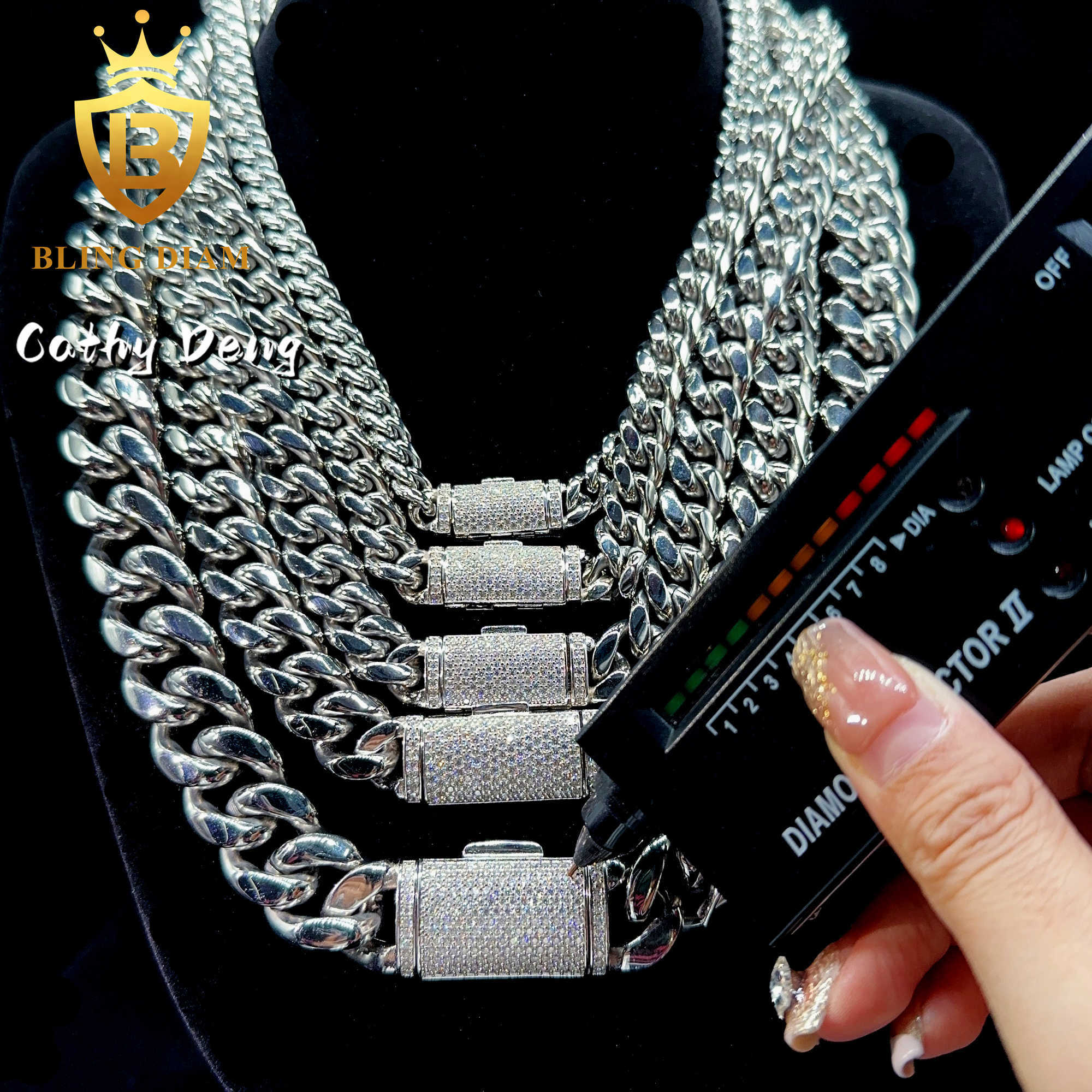 Ready Shipping 8mm 12mm 14mm 18mm 316L Stainless Steel Cuban Chain With 925 Silver Moissanite Clasp Miami Chain for men women
