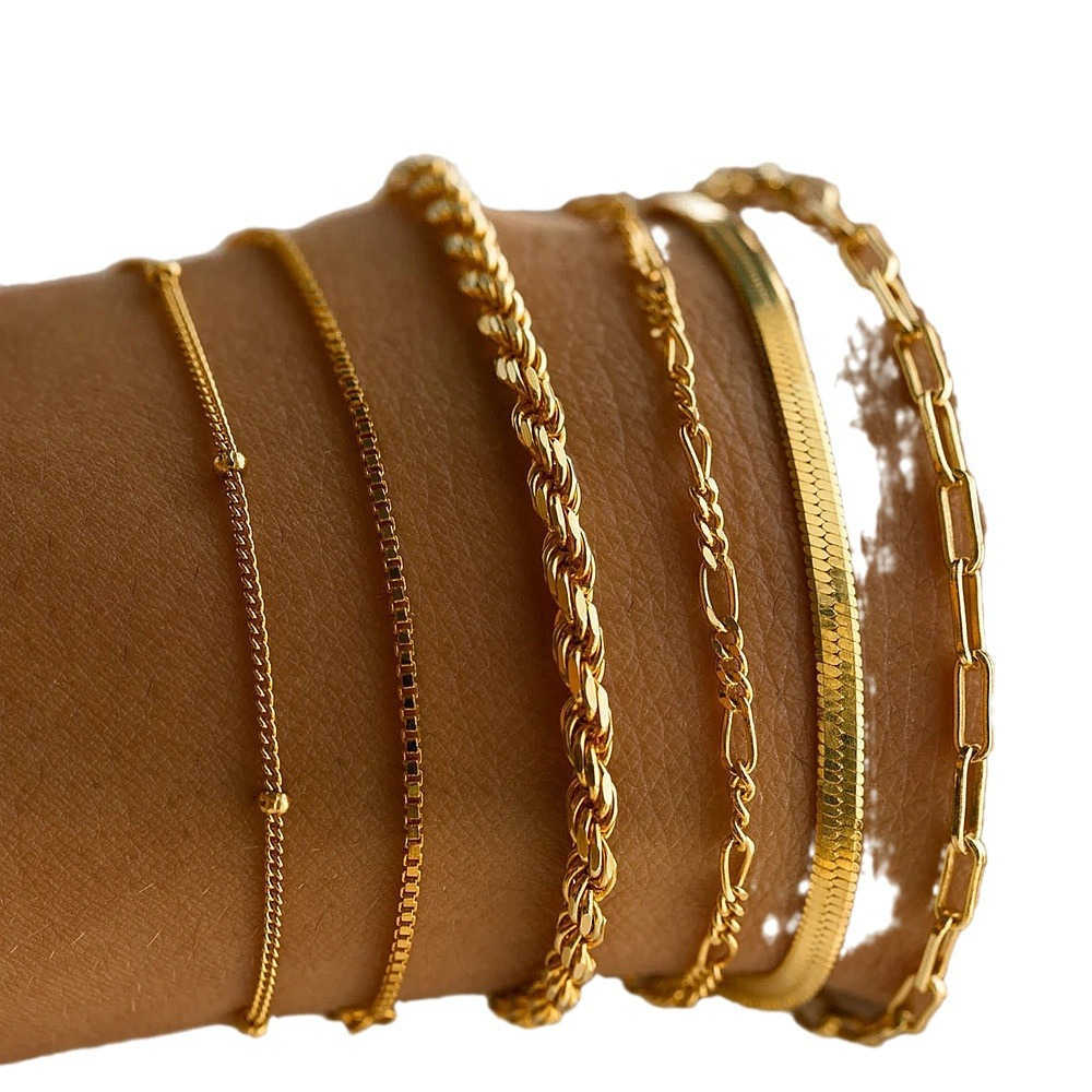 LATS 6Pcs Gold Bracelet Set Bohemian Vintage Thick Twisted Cuban Chain Bracelet 2024 Womens Fashion High Quality Jewelry Gift W240925