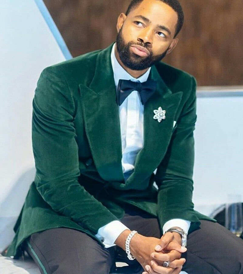 Classic Men Suits 2 Piece Set Jacket Pants Velvet Wedding Tuxedos Peaked Lapel Double Breasted Party Event Groom suit Customized High Quality