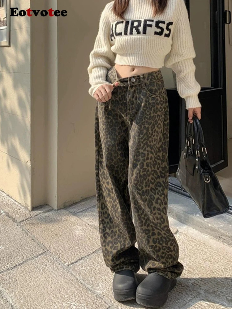 EOTVOTEE American Casual Leopard Straight Pants Jeans for Women High Waist Loose Button Y2k Wide Leg Pants Women Jeans 250113