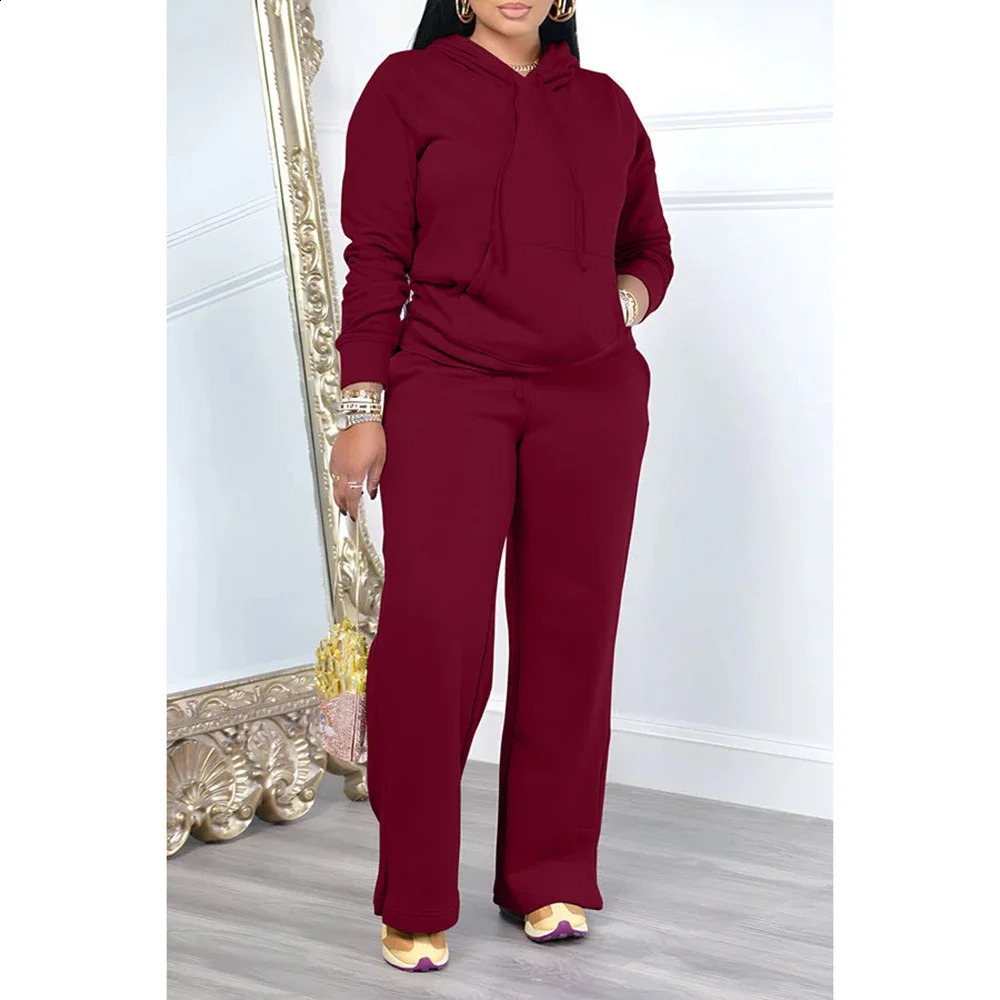 Plus Size Daily Pant Sets Casual Black Fall Winter Hoodie Long Sleeve Cotton Two Piece With Pocket 250106