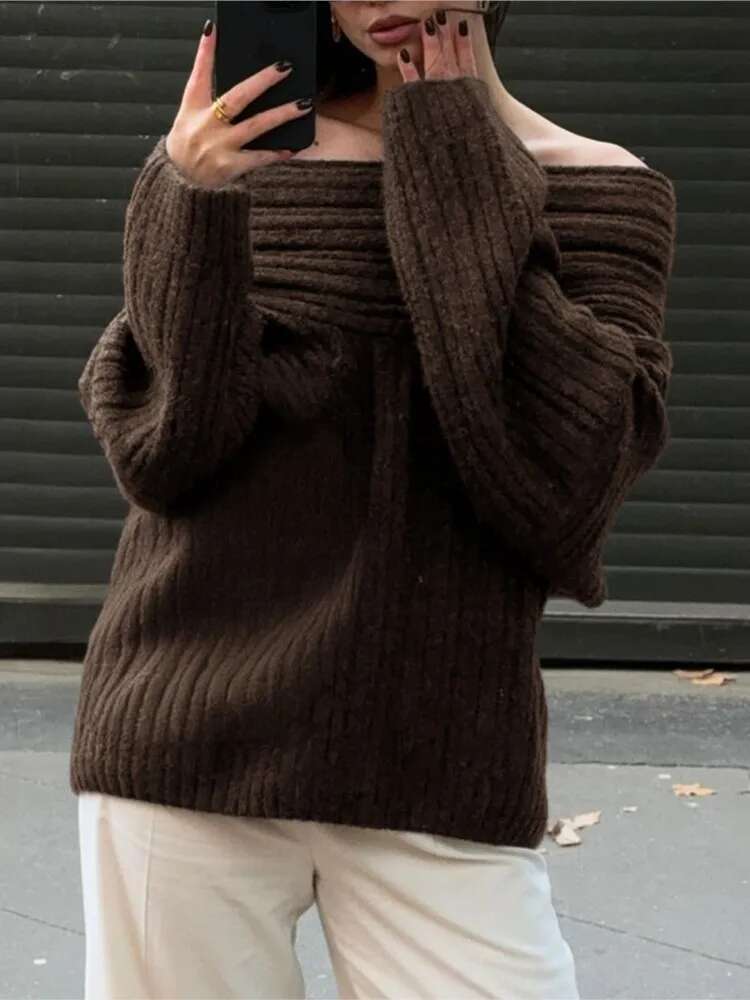 Women Sexy Solid One Neck Ribbed Sweater Fashion Off Shoulder Long Sleeve Knitted Pullover 2024 Autumn Lady Chic Street Knitwear
