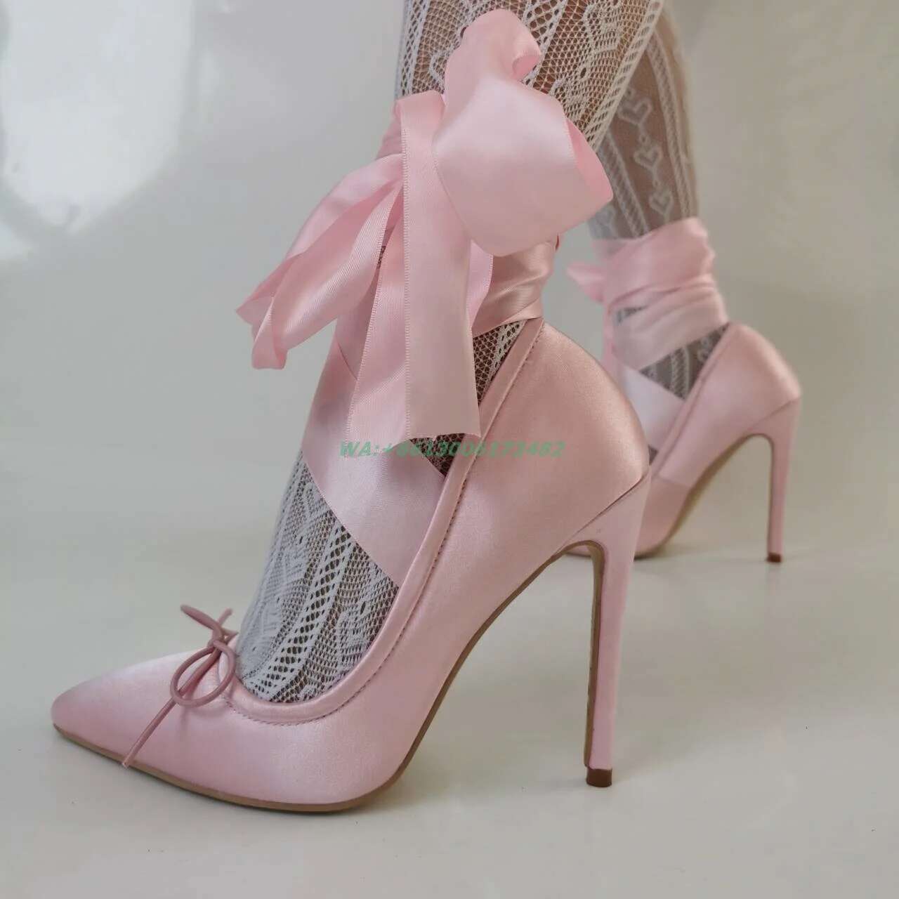 Sweet Girl Satin Ballet Design Women Pointed Toe Pink Bow Ankle Lace Up Stiletto High Heels Plus Size