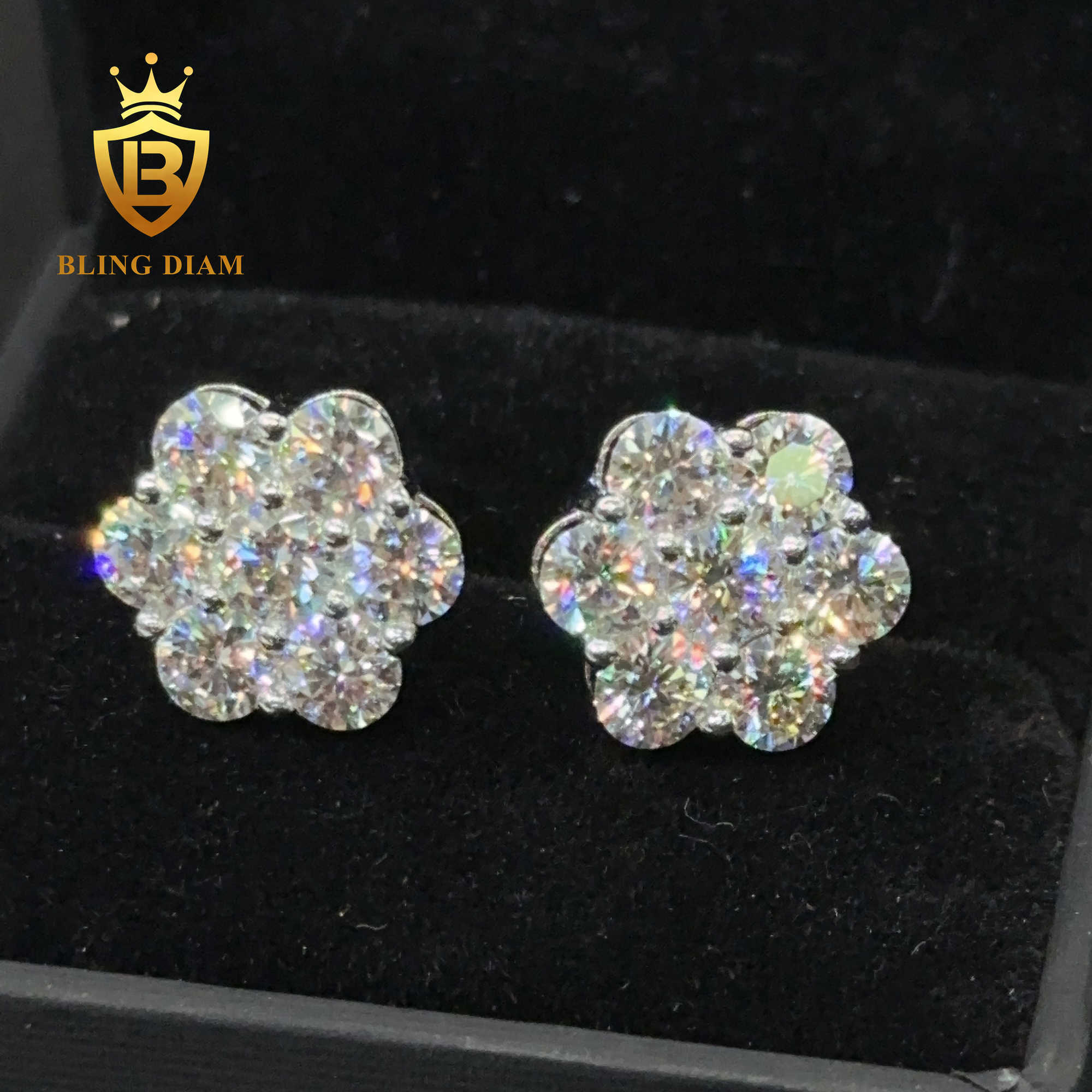 Read to Ship D VVS Moissanite Stud Earring 925 sterling silver 10k 14k 18k plated hip hop earrings earring Flower ear rings