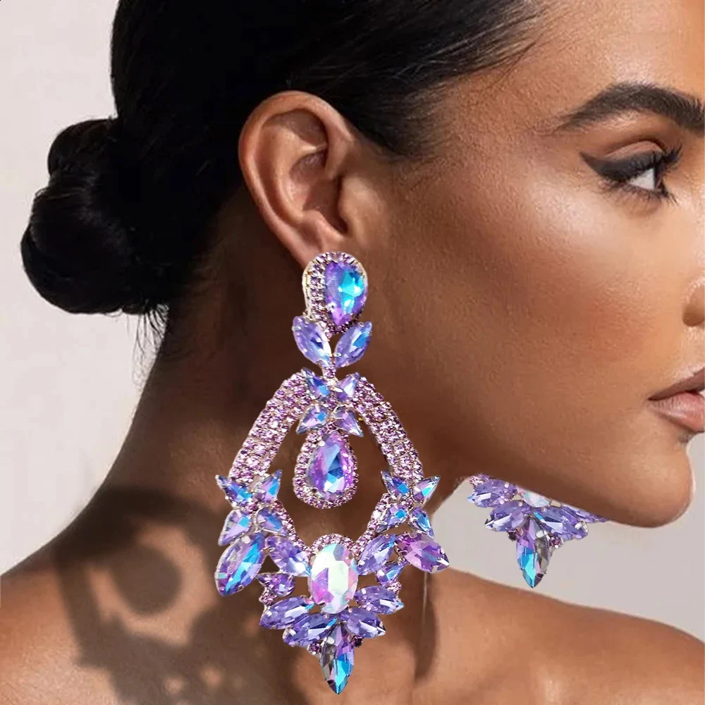 purple Exaggerate pendant earrings oversized accessories elegant ladies waterdrop rhinestone earrings party jewelry 250110