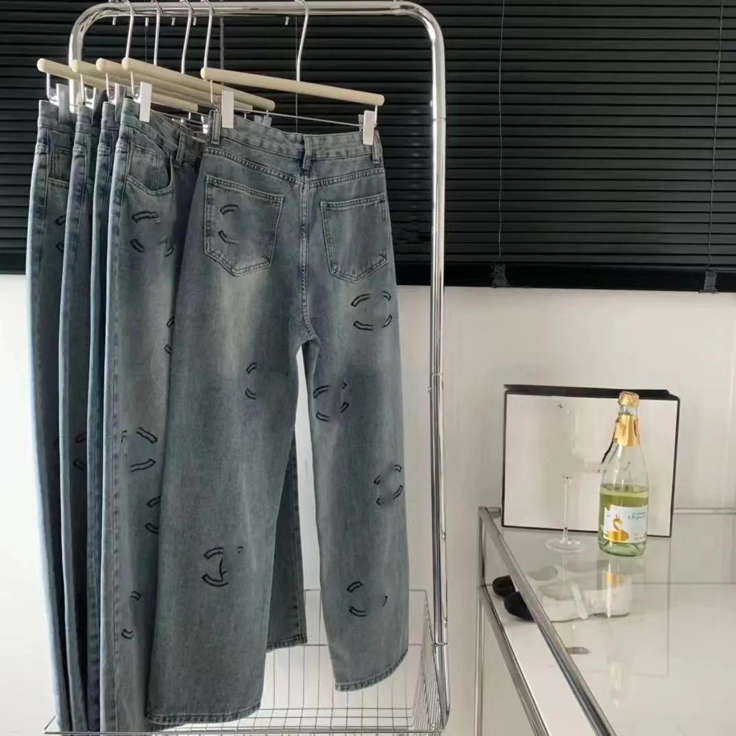 New all over logo women high waist loose logo print denim jeans pants long trousers SMLXL