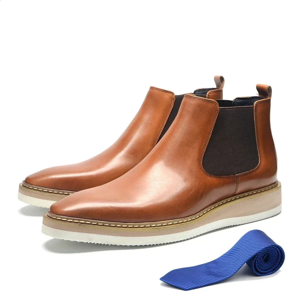 British Style Cow Genuine Leather Mens Chelsea Ankle Boots Slip-on Elastic Band High Top Sneakers Casual Dress Boot for Men 250106