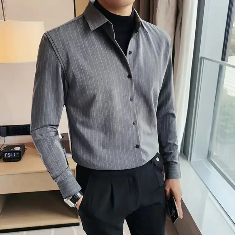 Male Top Striped Mens Shirt And Blouse Black Clothes Formal Business Stylish In Original Casual Asia Elegant 250108