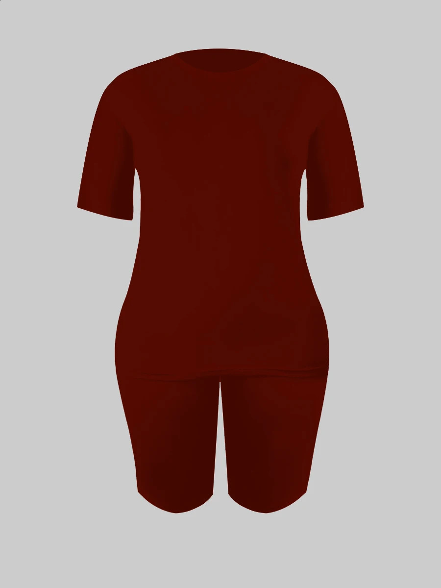 LW BASICS Plus Size Two Pieces Sets Round Neck Skinny Shorts Set 2024 IN Matching Summer Short Tshirt y250122