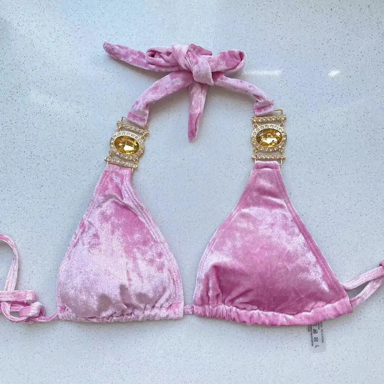 Sexy Velvet Pink Swimsuit Womens Diamond Mini Bikini Top up T-shaped Swimsuit Brazil Beach Swimsuit 250109