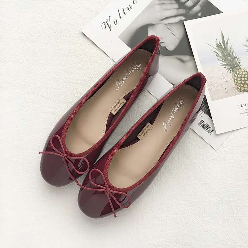 Spring Autumn Bowtie Ballet Flats Round Toe Japanned Leather Ballerina Shoes Strings Bow Moccasins Women Slip On Loafers