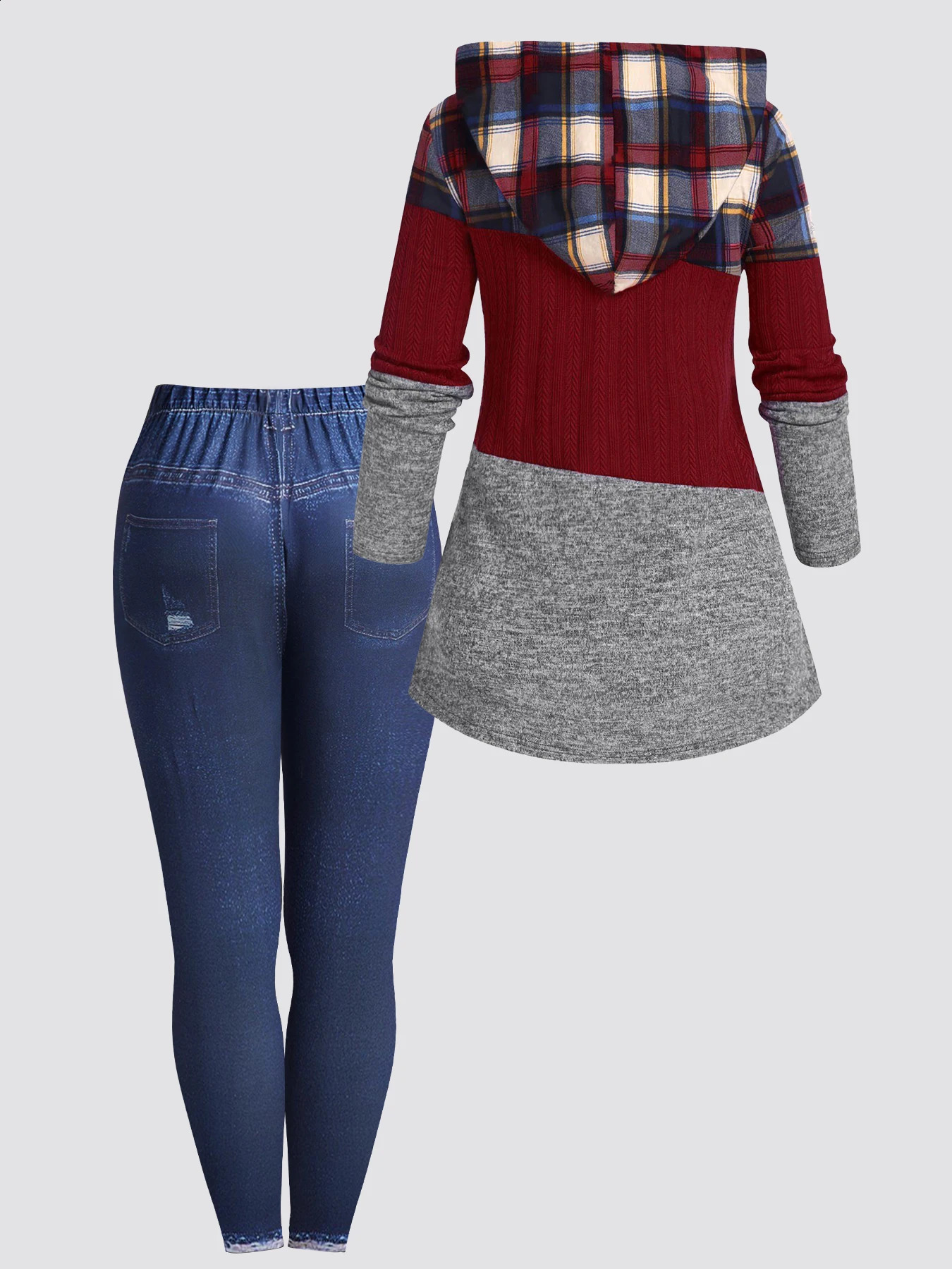 Plus Size Womens Suit Hooded Sweatshirts Colorblock Plaid Print Hoodie Drawstring Textured Tops Denim Pants Set 250106