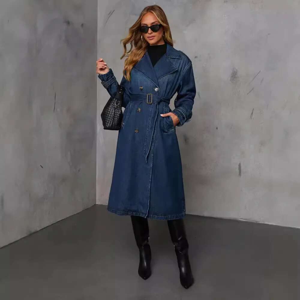 Long Denim Trench For Women Belt On Waist Slim Coats Streetwear Spring Fall Ladies Blue Jean Jacket Woman