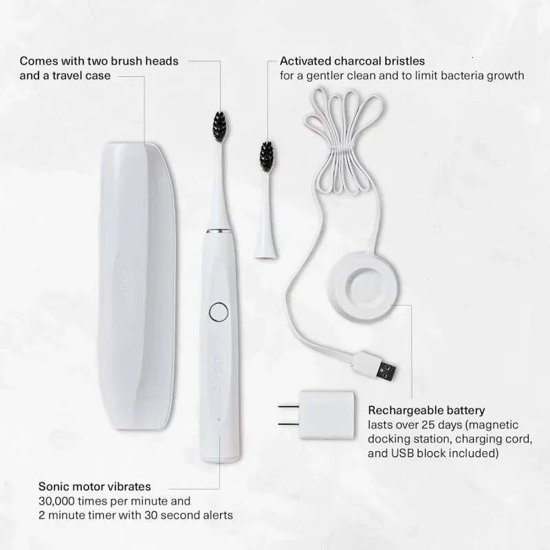 QWBoka Electric Toothbrush for Adults w/2 Heads-Rechargeable Sonic Powered Tooth Brush-Charcoal Activated Bristles Charging Base