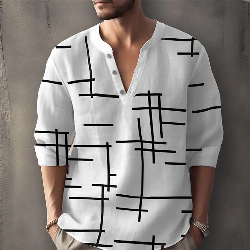 Abstract Striped 3D Printed Henry Shirt Men's Fashion Streetwear Oversized Button Long Sleeved Designer T-shirt T-shirt Top Men's Clothing