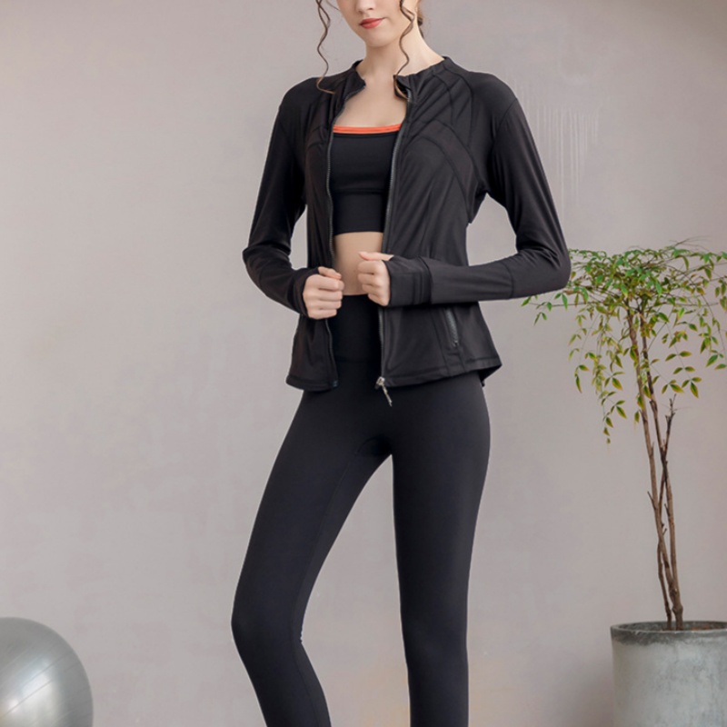 Yoga jacket women's high elasticity slim fit fitness zipper sports top versatile outdoor stand up collar long sleeved jacket straight leg elastic
