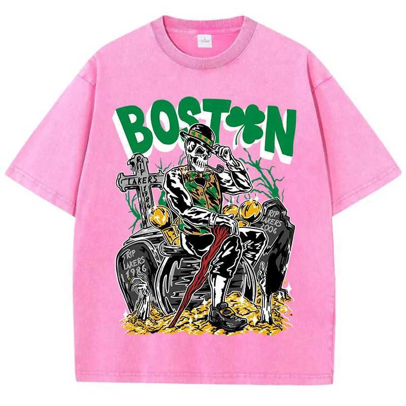 American Vintage T-Shirts For Men/Women Boston Skeletons Smoking Cotton T-Shirt Washed With Old Water Personality T Clothing New X250607
