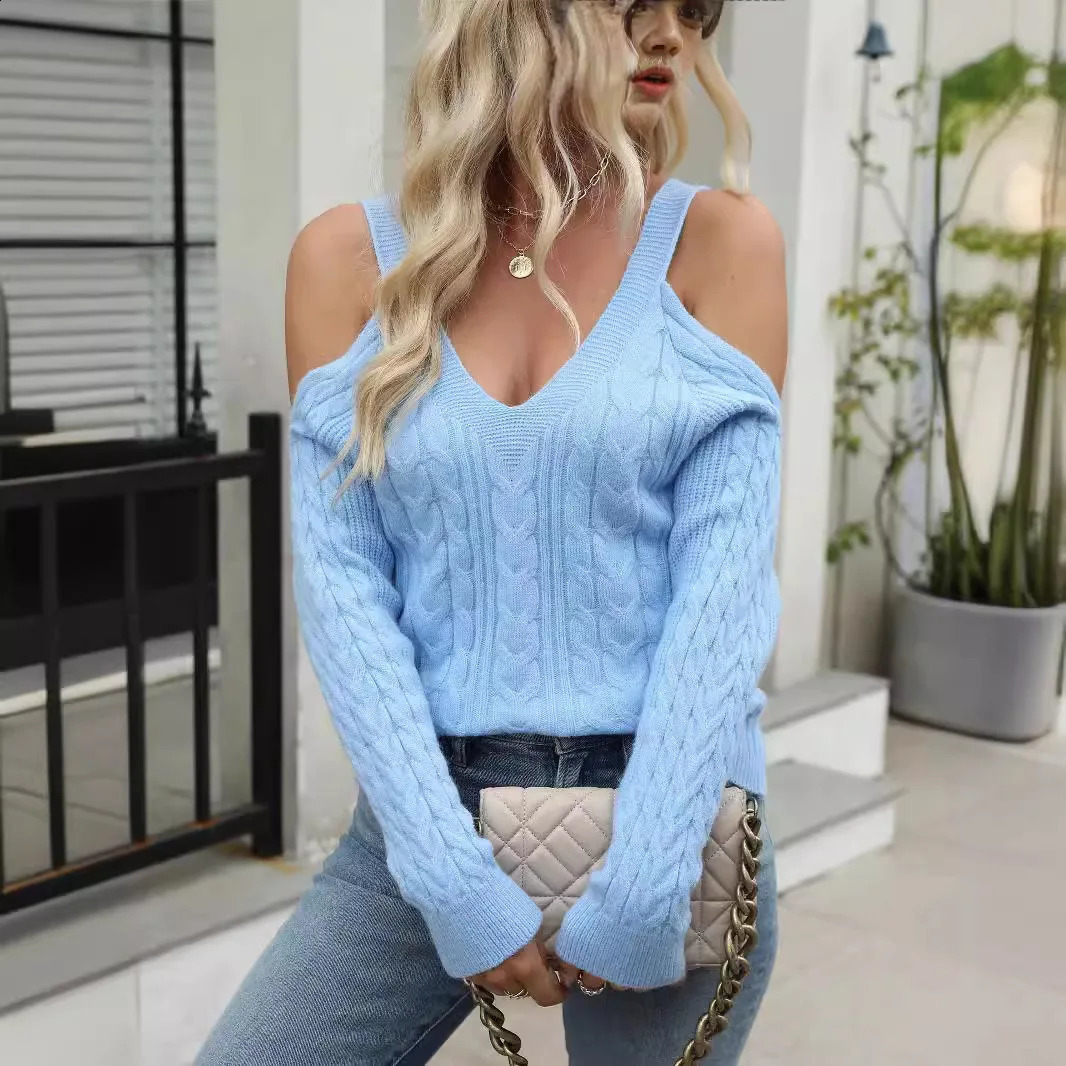 Womens Sexy Suspender Off Shoulder Knitwear Solid Color Long Sleeve Fried Dough Twists Sweater Women 250113