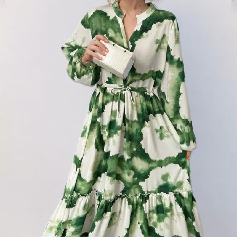 2025 Womens Lantern Sleeve Printed Lapel Waist Cinched Long Sleeved Big Swing Dress for Women