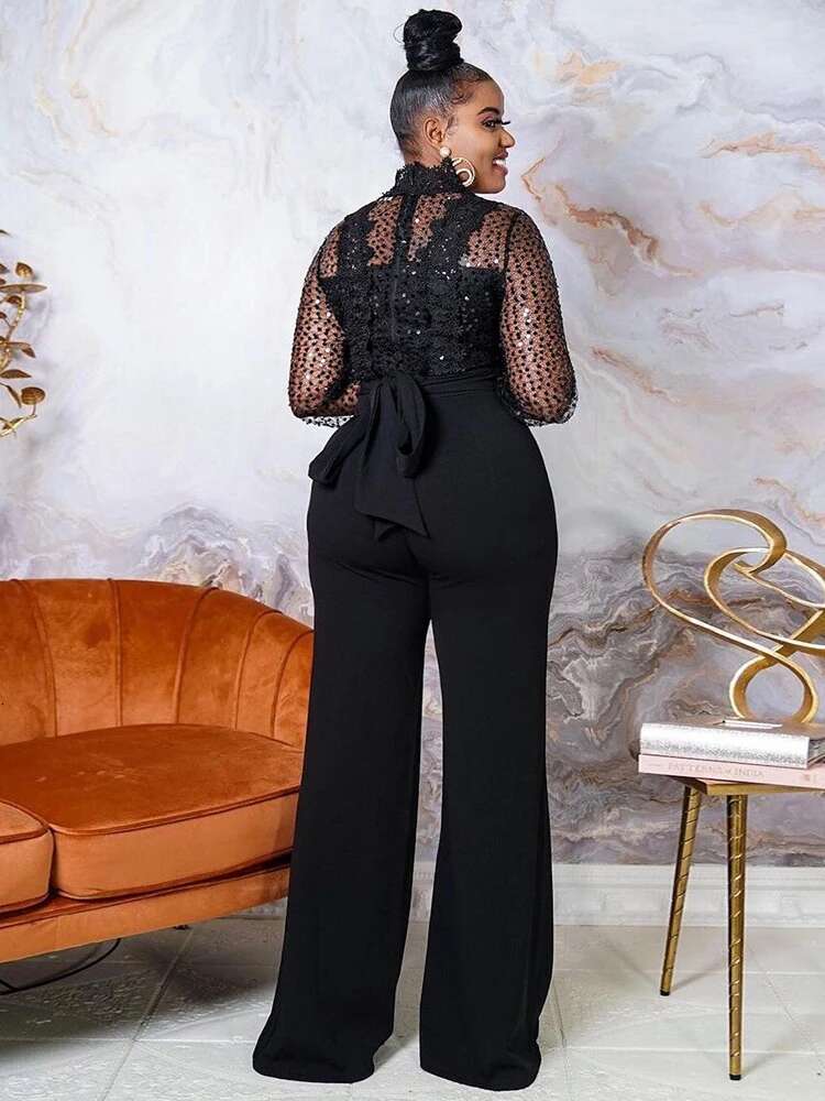 Idress Women Sequin Lace Jumpsuit Elegant Long Sleeve Wide Leg Pants Sexy See Through Evening Party Outfits Jumpsuits With Belt
