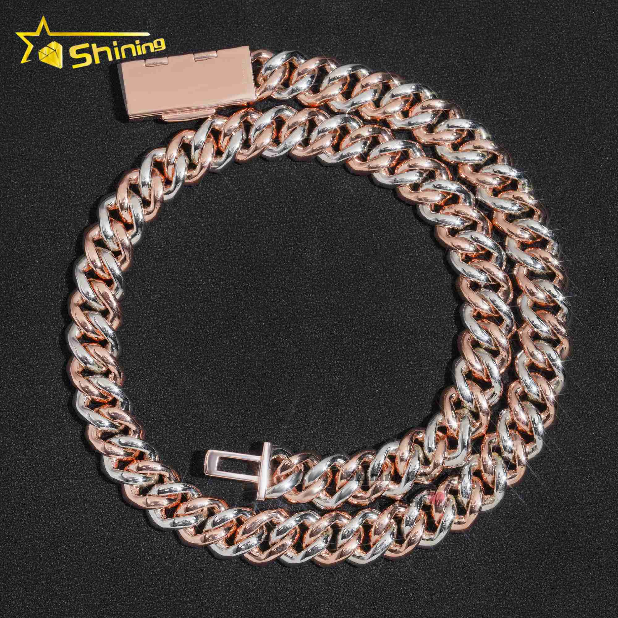 Rose gold plated two tone iced out 13mm 925 sterling silver pass diamond tester hip hop jewelry vvs moissanite cuban link chain