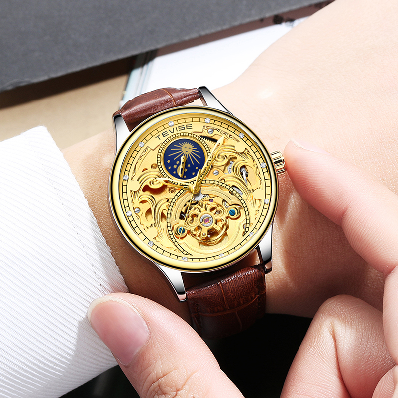 TEVISE Designer Watch Automatic Mechanical Watch Tourbillon Moon Phase Automatic Hollow Mechanical Men's Waterproof Watch T061-T820A