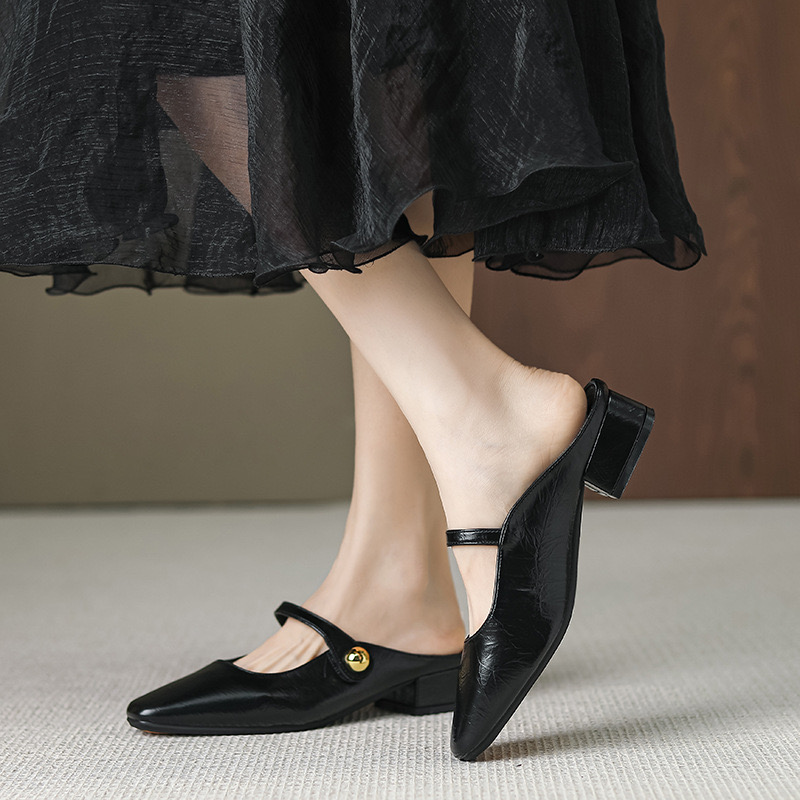 Leather Women Low Heel Slippers Fashion New Mule Shoes Pointed Toe Slides Patchwork Sandal Ladies atos Mujer ert5 9eae