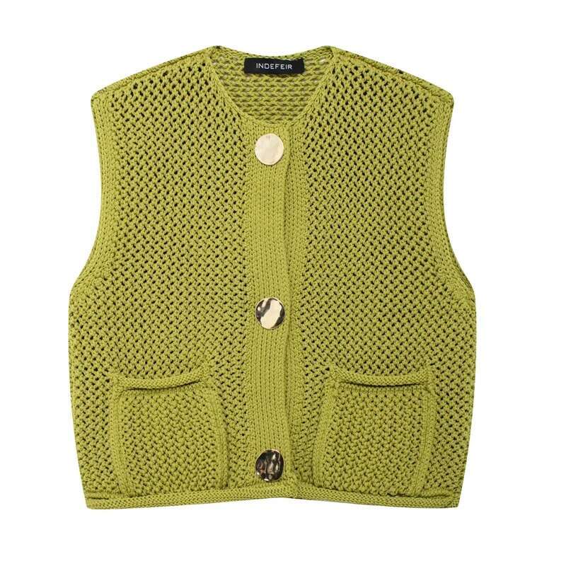 TRAF Sweater Women Knitted Sleeveless Cropped Knitwears Autumn Cut Out Crochet Vest Woman Outerwears Casual Knit Waistcoat