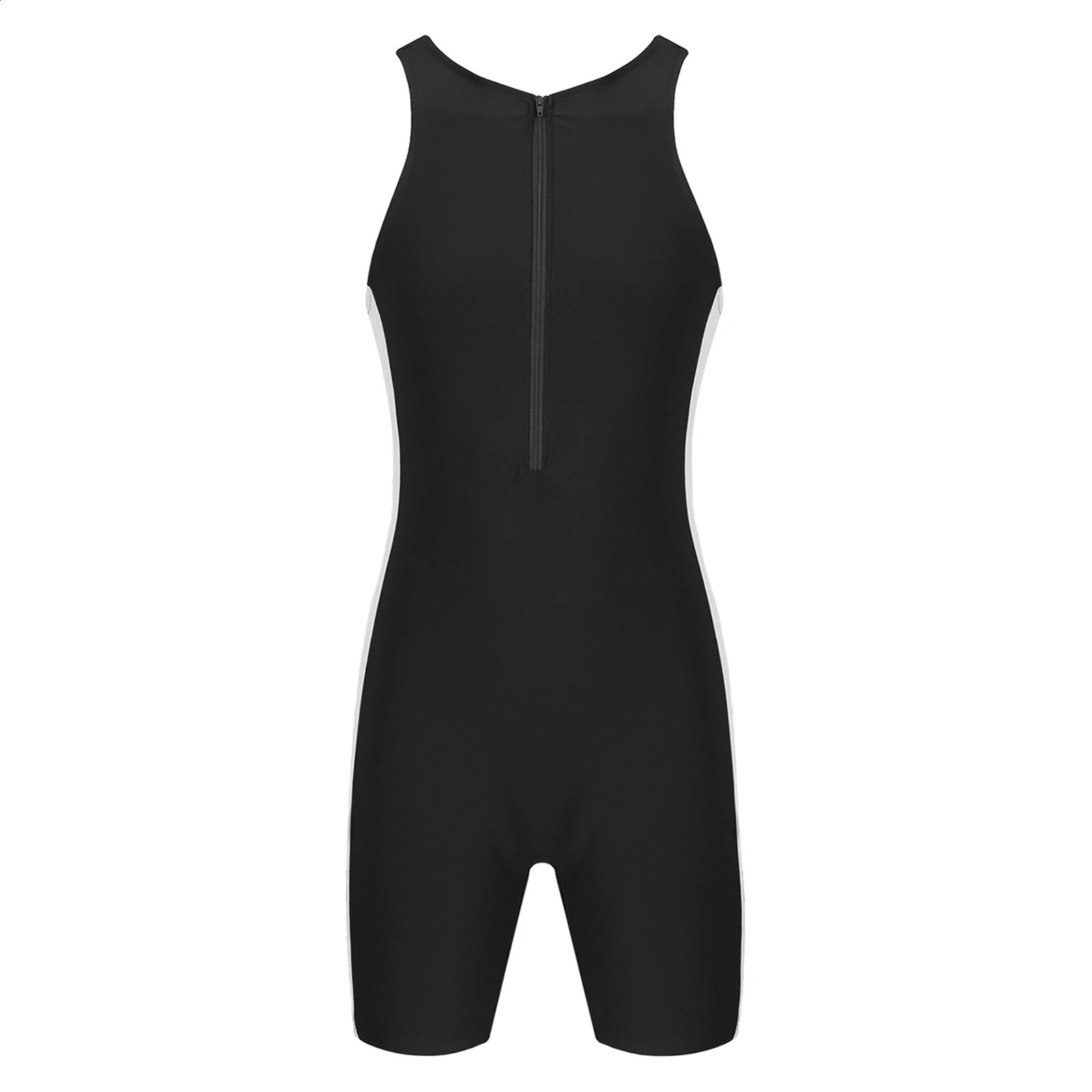 Mens Swimwear One-piece Wetsuit Swimming Bathing Suit Round Neck Sleeveless Side Shorts Bodysuit Triathlon Front Zipper Swimsuit 250108