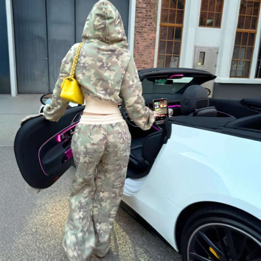 Leopard print spicy girl sports suit camouflage short cut waist slimming hooded cardigan sweatshirt loose pants two-piece set