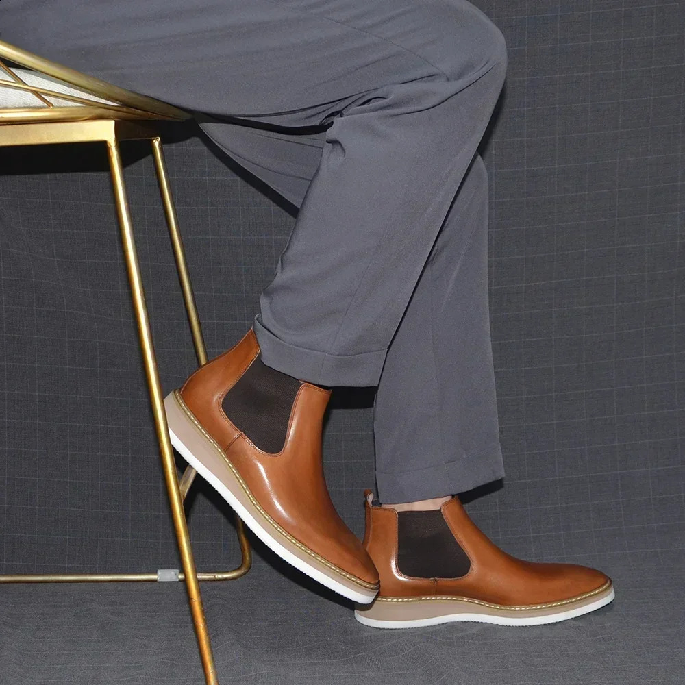 British Style Cow Genuine Leather Mens Chelsea Ankle Boots Slip-on Elastic Band High Top Sneakers Casual Dress Boot for Men 250106